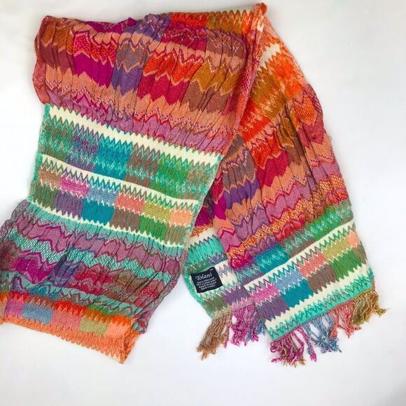 Tolani Multicolored Stripe ZigZag Pattern Ruched Fringe Scarf - Picture 2 of 12